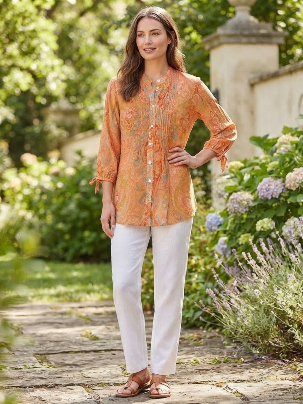Tommy Bahama Orange Paisley Pintuck Blouse with Tie Cuffs